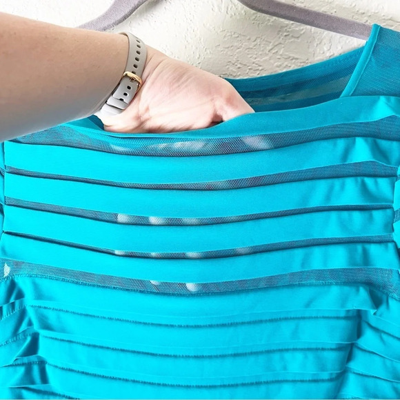 ADRIANNA Papell Stretchy Ribbed Square Neck Sheath Dress in Turquoise 10 - Picture 6 of 9